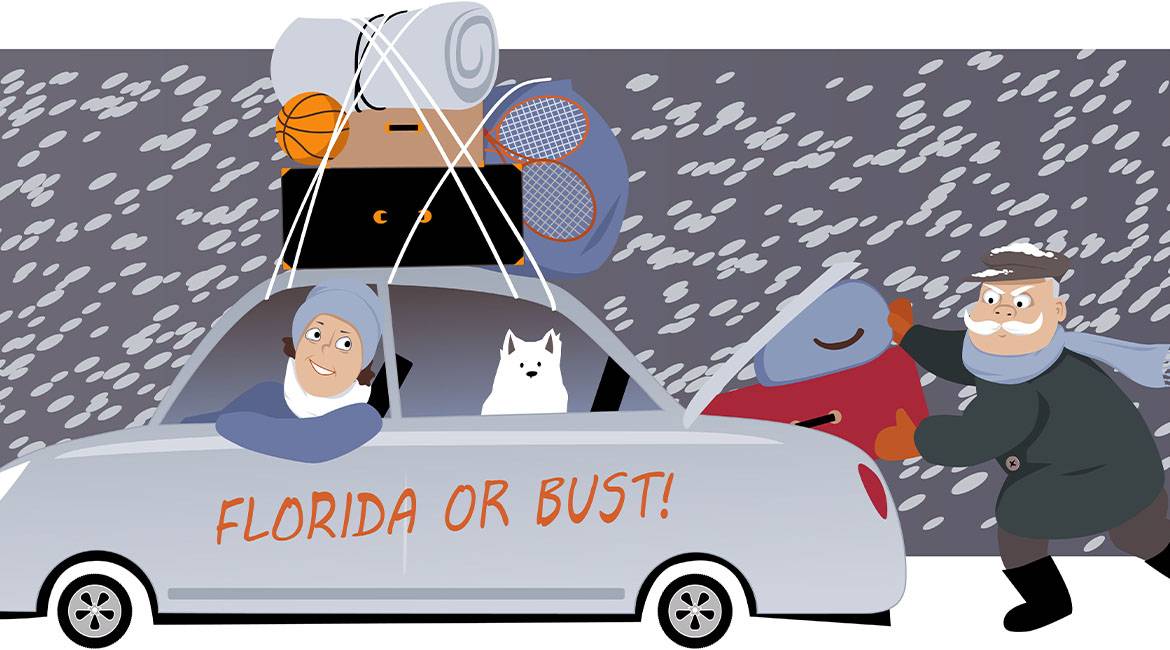 Senior couple with a dog packing a car under the snow and moving to Florida