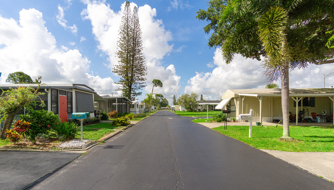 Road in tranquil mobile home community in Florida